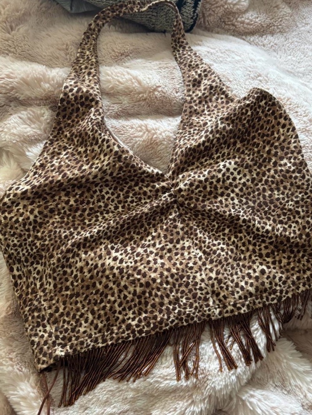 Indah Sierra Leopard Print Fringe Halter Crop Top - Brown/Tan - Picture 2 of 3